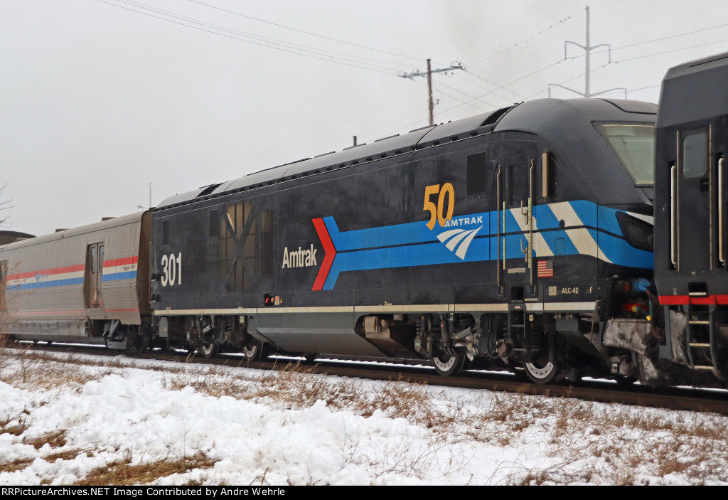 AMTK 301 "Day One" ALC-42 trails the OLS P42 with the EB 'Builder on Holiday Train Day